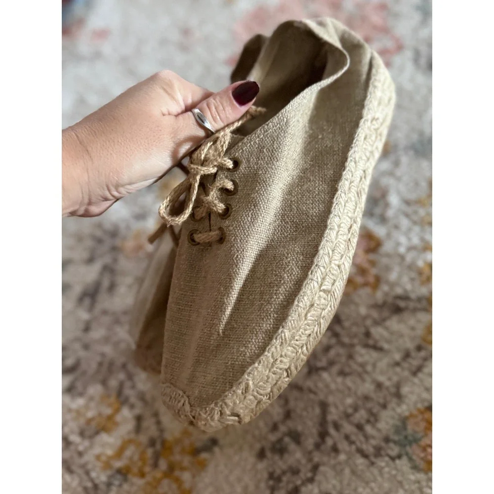 Nine West Tan Canvas Lace Up Espadrille Flats Women Size 9 Casual Summer Shoes